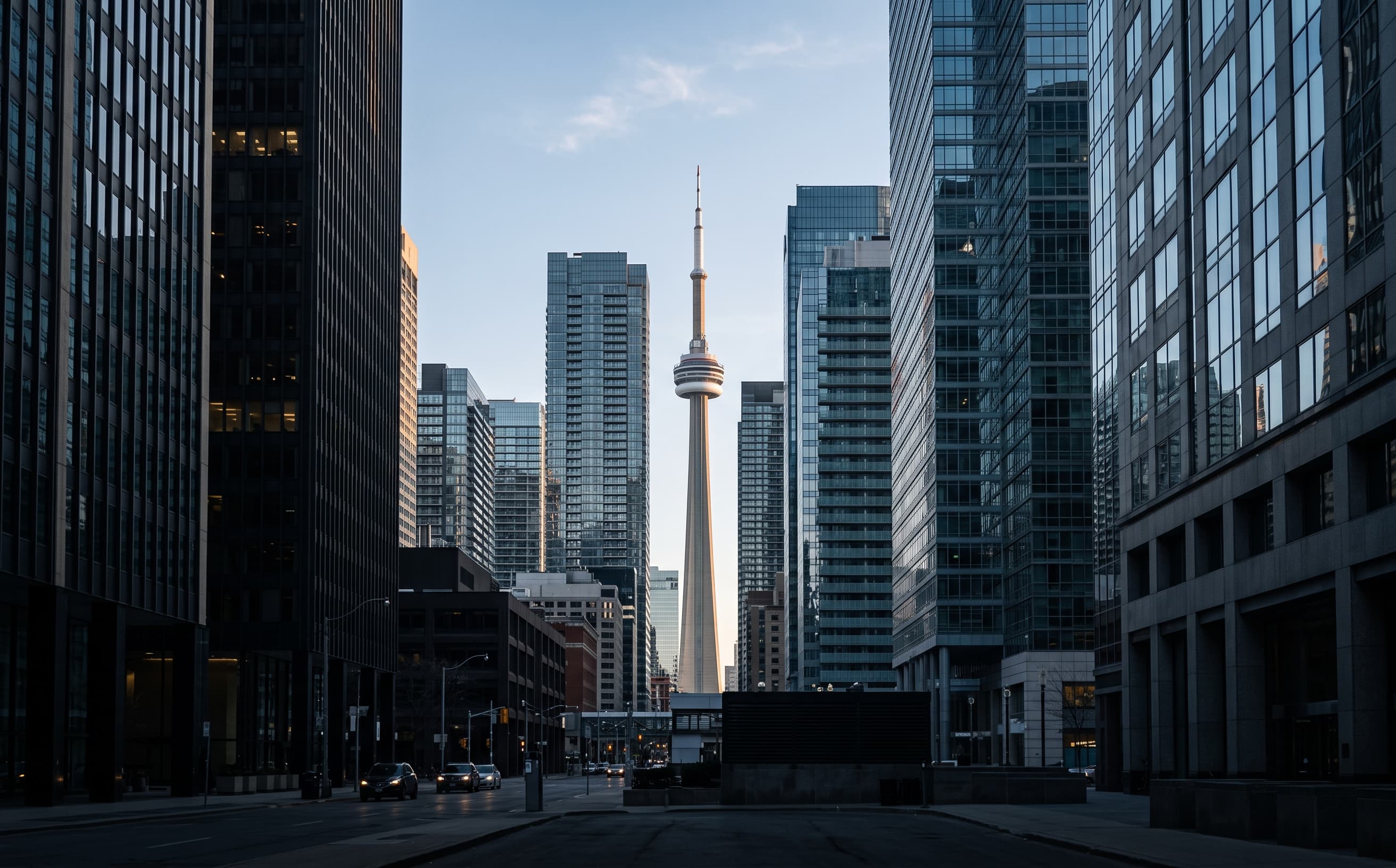 Toronto skyline and CN Tower at dusk