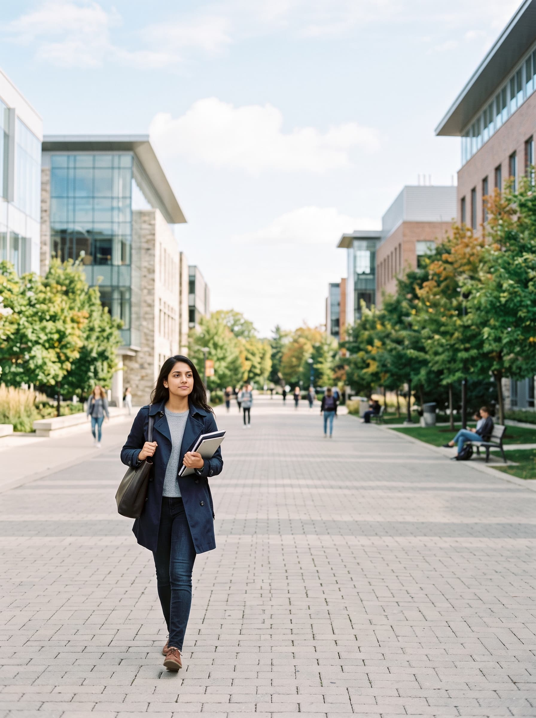 International student walking on a contemporary university campus
